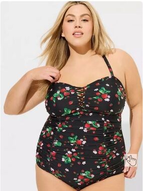 Torrid Retro Chic Slim Fix Lattice One Piece Swimsuit-Sweet Strawberries-Size 3